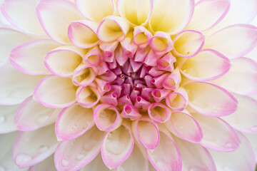 Closeup of an white dahlia with pink center and some dew drops.