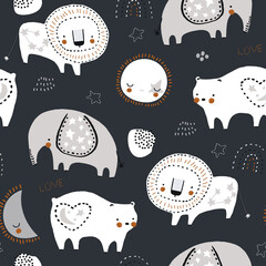 Naadloos kinderachtig patroon met leeuw, olifant, beer, zon, maan. Perfect voor stof, textiel. Creatieve vector achtergrond