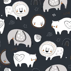 Foto op Plexiglas Naadloos kinderachtig patroon met leeuw, olifant, beer, zon, maan. Perfect voor stof, textiel. Creatieve vector achtergrond © solodkayamari