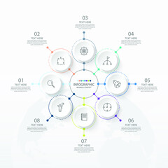 Presentation business infographic with 8 options with thin line icons for flow charts, presentations, web sites, banners, printed materials. Infographics business concept.