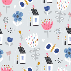 Seamless childish pattern with fairy house, butterfly, flowers.Floral kids texture. Vector illustration