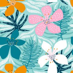 Materiał do szycia Seamless tropical pattern with leaves and exotic flowers. Jungle summer background. Perfect for fabric design, wallpaper, apparel. Vector illustration