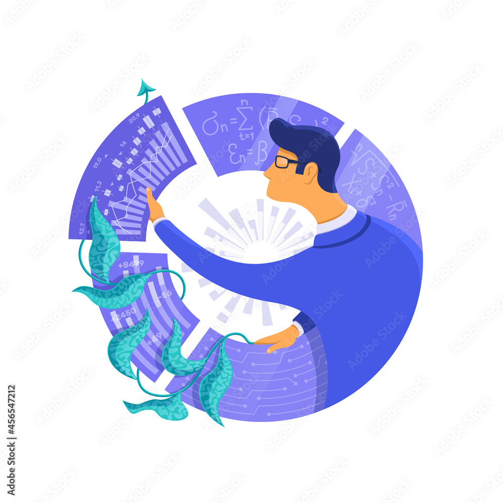 Poster flat vector illustration on a white background, a man in a business suit in a pie chart is studying 
