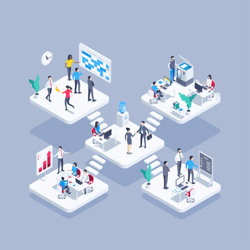 isometric vector illustration on gray background, office workers in different situations, teamwork and collaboration