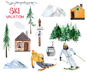 Ski vacation watercolor elements set. Template for decorating designs and illustrations.