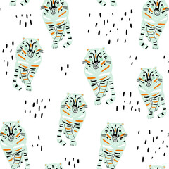 Seamless pattern with wild ink drawn mint tigers and hand drawn elements. Creative animals texture for fabric, wrapping, textile, wallpaper, apparel. Vector illustration