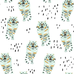 Keuken foto achterwand Afrikaanse dieren Naadloze patroon met wilde inkt getekende mint tijgers en met de hand getekende elementen. Creatieve dierentextuur voor stof, verpakking, textiel, behang, kleding. vector illustratie