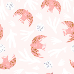 Naadloze patroon met Scandinavische stijl vogels en abstracte elementen. Creatieve roze vogel textuur. Geweldig voor stof, textiel vectorillustratie