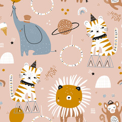 Cute circus animals seamless pattern. Funny modern style design for fabric, textile, apparel.Vector illustration