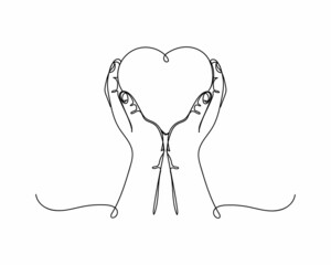 Continuous one line drawing of hands holding heart valentines day style in silhouette on a white background. Linear stylized.