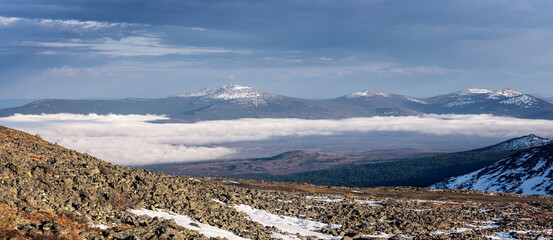 Ural mountains Konzhakovsky and Serebryansky kamen in May, Russia, Sverdlovsk region