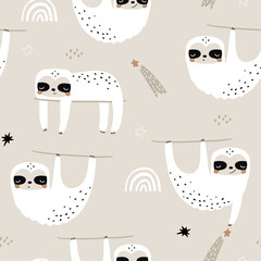 Seamless childish pattern with funny sloths and stars. Creative kids texture for fabric, wrapping, textile, wallpaper, apparel. Vector illustration © solodkayamari