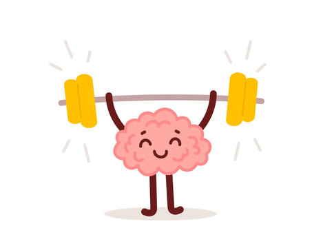 Vector Education Illustration of Pink Happy Brain Character lifted a barbell on White Color Background. Smart Healthy Sport Brain Character