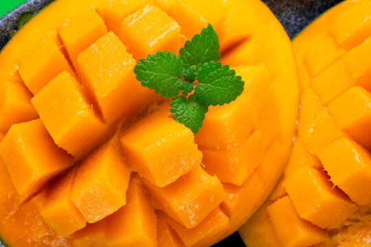 Mango Keitt Fruit Flesh Cut Into Cubes. Close-up