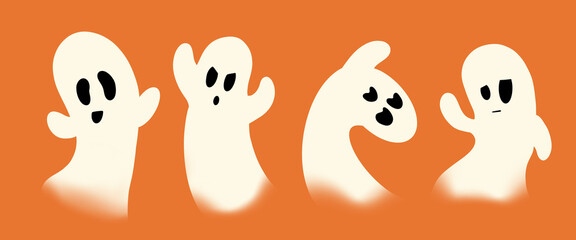 ghosts with different expressions on an orange background, ghost draw sets, halloween ghost set, ghost angry, ghost smiling, halloween set