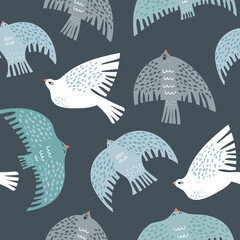 Obraz premium Seamless pattern with scandinavian style winter birds. Creative bird texture. Great for fabric, textile Vector Illustration