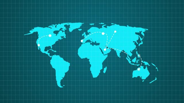 Trajectories on the map of the world. direction from point A to point B. Plane path on the world map