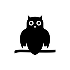 Spooky Black Owl with Round Eyes Silhouette Icon. Cute Wise Night Bird Sitting on Tree Branch Glyph Pictogram. Owl Symbol of Halloween and Wisdom Icon. Isolated Vector Illustration