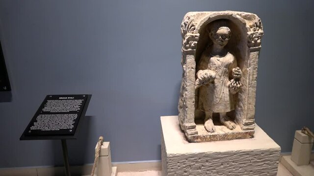 Gaziantep, Turkey - 13th of June 2021: 4K At the Zeugma Mosaic Museum - Gravestone in the Zeugma museum
