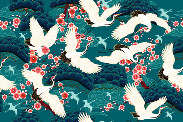 Seamless pattern with floral motives and cranes