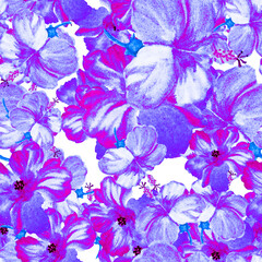 Fototapeta na wymiar Indigo Hibiscus Background. Purple Flower Textile. Blue Seamless Textile. Vintage Leaf. Pattern Set. Watercolor Background. Tropical Leaves. Exotic Illustration.