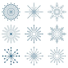 Set of blue snowflakes on a white background.