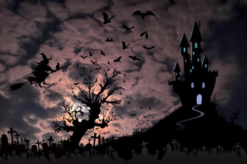 Halloween - nawiedzony zamek z cmentarzem na tle dramatycznego nieba, wiedźma na miotle i nietoperze.