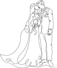 Wedding ceremony.One continuous line.
Loving couple of newlyweds at the wedding.
One continuous drawing line logo isolated minimal illustration.