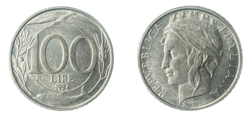 Italy 100 lire coin on a white isolated background