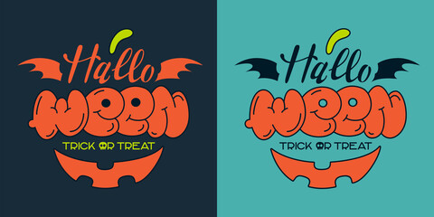 Set of lettering Halloween emblem, Pumpkin, smile, wings.
