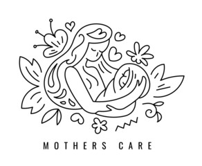 Obraz premium Vector Cute Black and White Logotype Mother Holding Baby in Arms with Flower. Line Art Style Design of Creative Logo Love Mothers with Child Care