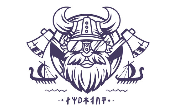 Vector Line Art Flat Style Design of Viking Logotype. Logo Viking Head in Helmet with Horns, Axe and Drakkar