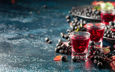 Fototapeta na wymiar Black chokeberry liquor and fresh berries.