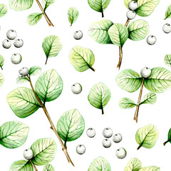 Beautiful autumn tree branches, leaves and berries. Unusual autumn, watercolor and black pen, handmade, pattern