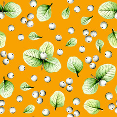 Beautiful autumn tree branches, leaves and berries. Unusual autumn, watercolor and black pen, handmade, pattern