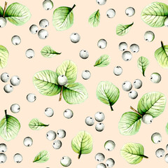 Beautiful autumn tree branches, leaves and berries. Unusual autumn, watercolor and black pen, handmade, pattern