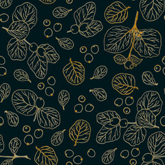 Beautiful autumn tree branches, leaves and berries. .Unusual autumn, Golden handle, handmade, seamless pattern