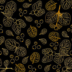 Beautiful autumn tree branches, leaves and berries. .Unusual autumn, Golden handle, handmade, seamless pattern