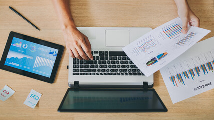 Top view of businessman working in modern creative office for planning company financial. Concept for SWOT analysis marketing strategy and business analysis.