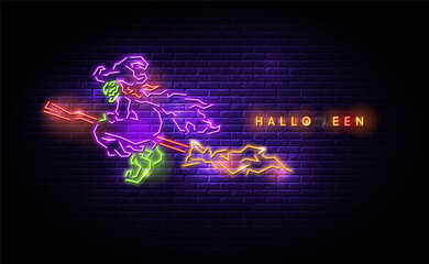 Old witch flying with magic broom neon light halloween celebration vector illustration.Hag, Baba Yaga.