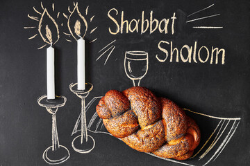 Shabbat Shalom - Jewish and Hebrew greetings. Candles and a glass of wine drawn on a chalk board next to wicker bread - obrazy, fototapety, plakaty