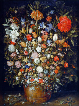 Jan Brueghel the Elder - 1568-1625 - Large Flower Bouquet in Wooden Vase, 1606-1607; oil on wood, Art History Museum, Vienna, Austria