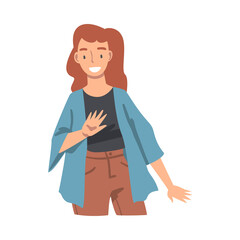 Smiling Woman Character Waving Hand as Greeting and Salute Gesture Vector Illustration