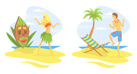 Fototapeta na wymiar Hawaiian Party with Male and Female Dancing on Sandy Tropical Beach Vector Illustration