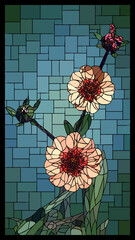 Vector vertical angular mosaic with blooming pink cinquefoil flowers in vertical stained glass window.
