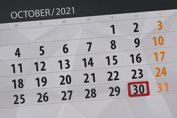 Fototapeta premium Calendar planner for the month october 2021, deadline day, 30, saturday