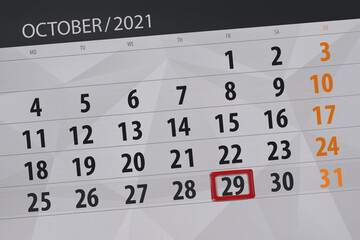 Fototapeta premium Calendar planner for the month october 2021, deadline day, 29, friday