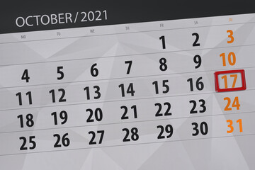Fototapeta premium Calendar planner for the month october 2021, deadline day, 17, sunday