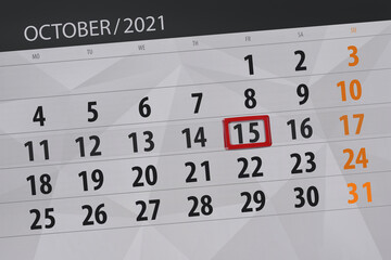 Fototapeta premium Calendar planner for the month october 2021, deadline day, 15, friday