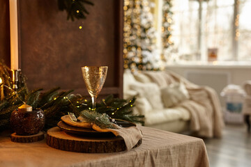 Christmas Table Setting and Holiday Night Decorations.